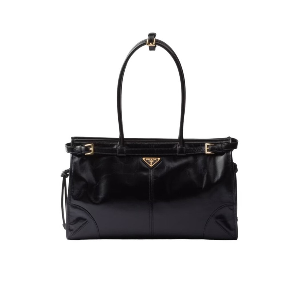 Prada Black Leather Shoulder Bag with Gold Accents